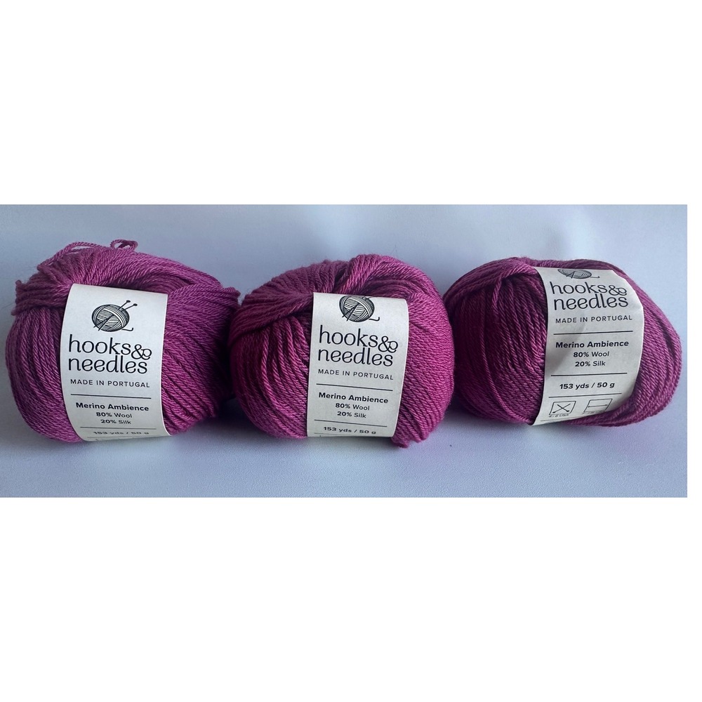 Hooks & Needles Merino Ambience Yarn 80% Wool 20% Silk Magenta 3 Skeins 459yds